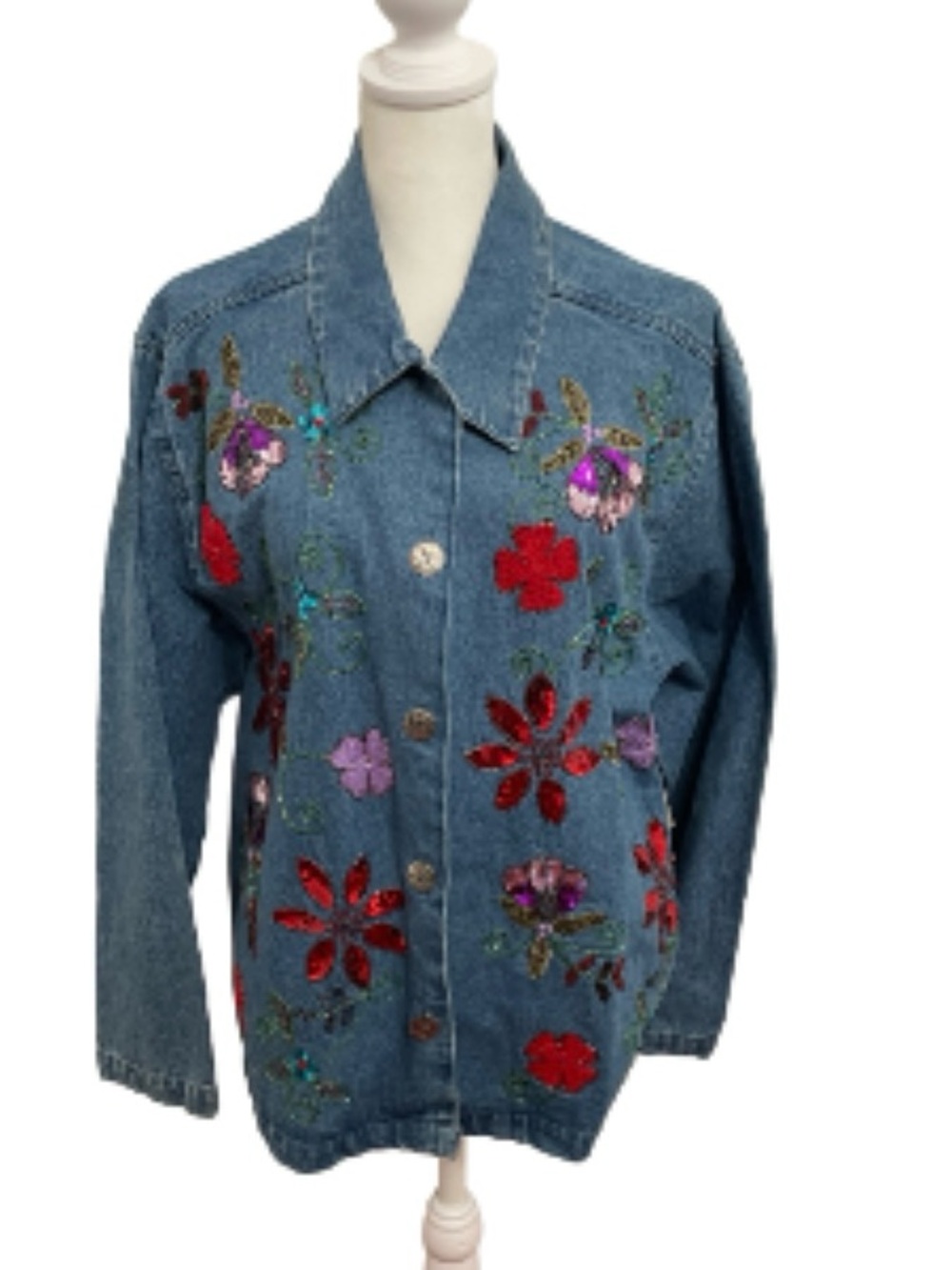 NWT VTG Tantrums Embellished Blue Denim Jacket Shirt with Floral Sequin Accents